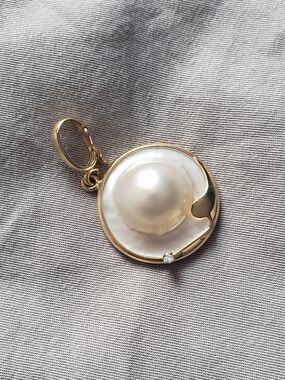 14K Gold Mabe Pearl 22mm and Diamond Pendant